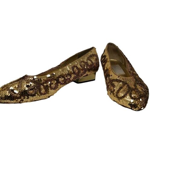 Vintage Gold Sequin Shoes with Dark Gold Glass Beading | Size 10 | Circa 1980s-1 - Picture 4 of 7